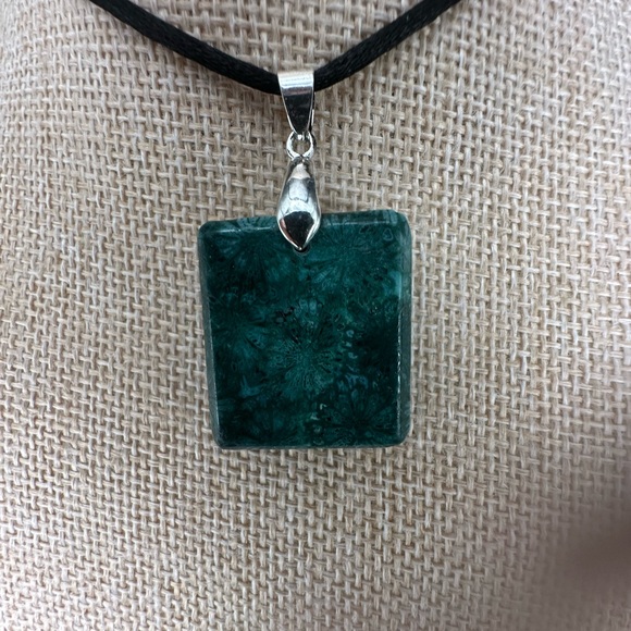 Green Coral Fossil Square Pendant on Black Satin Rope Cord - Picture 9 of 14